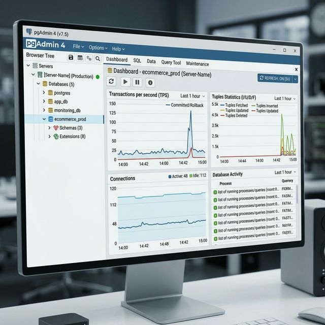 Dashboard principal de pgAdmin 4 con estadísticas de base de datos