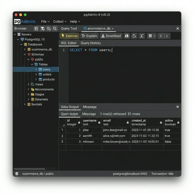 Editor de consultas SQL en pgAdmin 4 mostrando resultados